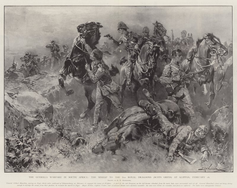 Guerilla Warfare v Jižní Africe, neštěstí 2. královským dragounům (Scots Greys) v Klippanu, 18. února od Hermanus Willem Koekkoek