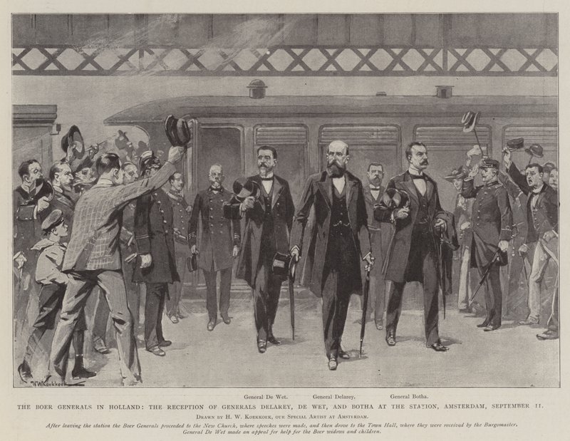 Búrští generálové v Holandsku, přijetí generálů Delarey, De Wet a Botha na nádraží, Amsterdam, 11. září od Hermanus Willem Koekkoek