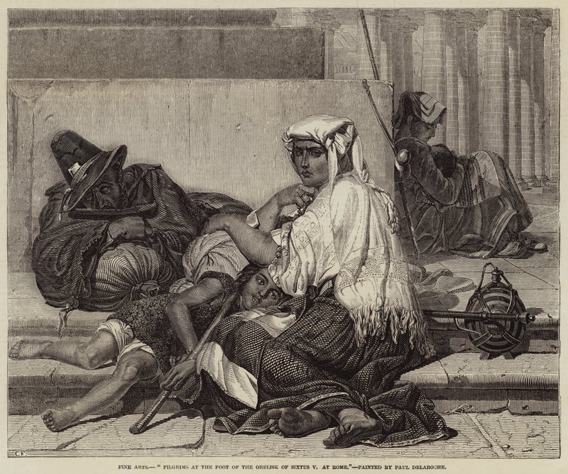 Poutníci u paty obelisku Sixta V. v Římě od Hippolyte Delaroche