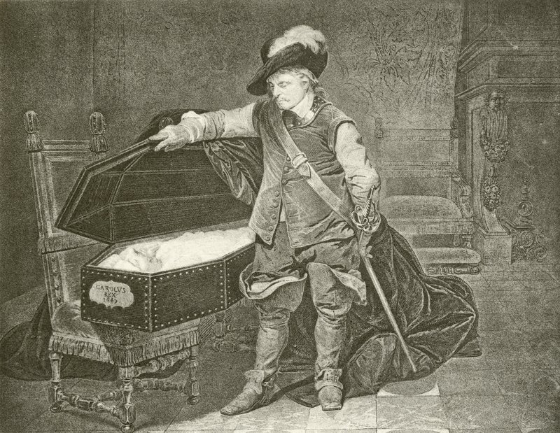 Oliver Cromwell při pohledu na mrtvolu krále Karla I. (hlubotisk) od Hippolyte Delaroche