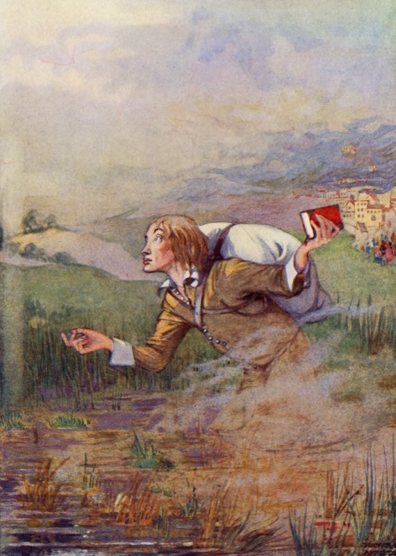 "Kristián se kvůli břemenu, které měl na zádech, začal propadat do bahna" (barevná litografie). od Honor Charlotte Appleton
