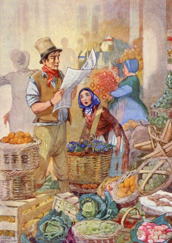 "Ta otrhaná trhovkyně zvolala: "Umřou tedy i Vánoce" (barevná litografie) od Honor Charlotte Appleton