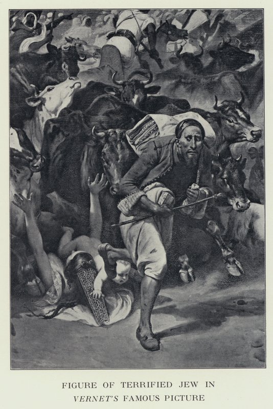 Postava vyděšeného Žida na Vernetově slavném obrázku - údajně vyobrazení barona Jamese Rothschilda (černobílá fotografie) od Horace (after) Vernet