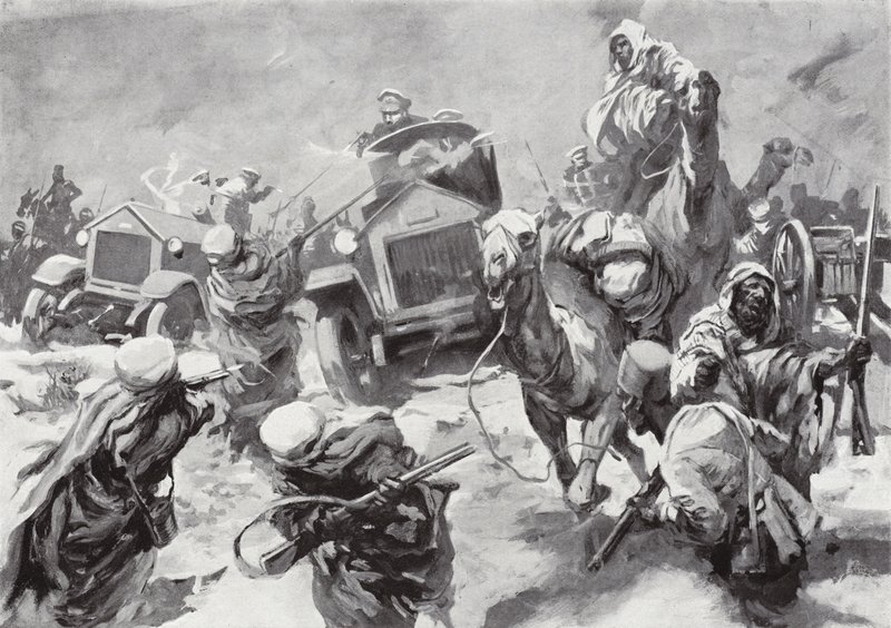 Vévoda z Westminsteru a jeho obrněné vozy se vrhají na záchranu ztroskotaných posádek zajatých Senussi, Cyrenaica, severní Afrika, 17. března 1916 od Howard K. Elcock