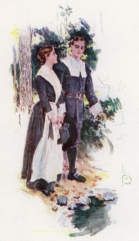 Ilustrace k Námluvě Milese Standishe od Henryho Wadswortha Longfellowa (barevné lito) od Howard Chandler (after) Christy