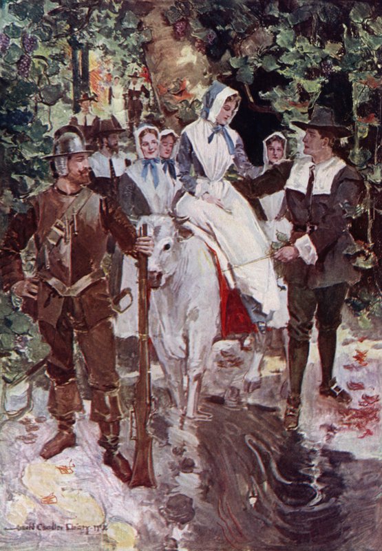 Ilustrace k Námluvě Milese Standishe od Henryho Wadswortha Longfellowa (barevné lito) od Howard Chandler (after) Christy