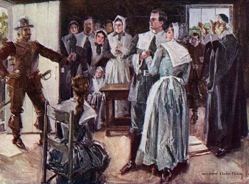 Ilustrace k filmu The Courtship of Miles Standish od Henryho Wadswortha Longfellowa (barevné lito) od Howard Chandler (after) Christy