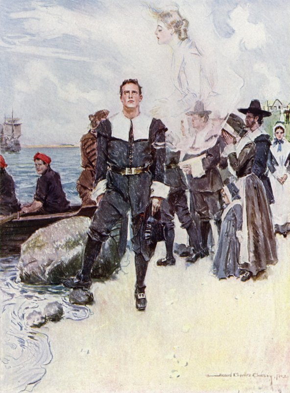 Ilustrace k Námluvě Milese Standishe od Henryho Wadswortha Longfellowa (barevné lito) od Howard Chandler (after) Christy
