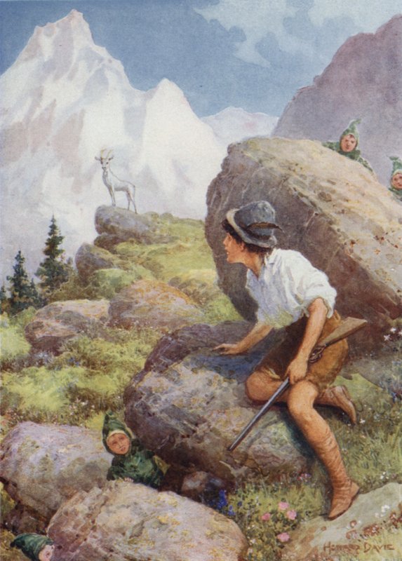 „Spatřil slatarog stojícího na vrcholu“ z „Legendy o bílém kamzíkovi“ (barva litho) od Howard Davie
