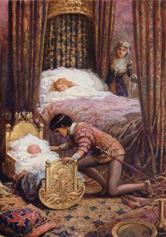 "Sklonil se, aby políbil malé miminko" z "Luciella" (barva litho) od Howard Davie