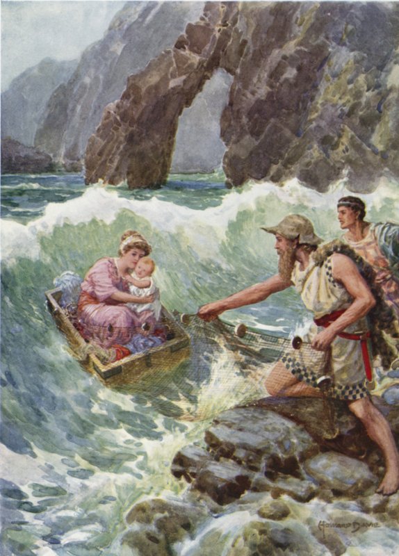 Přitáhl ji a dítě v bezpečí na skalní římsu. Z Jak Perseus a jeho matka přišli na Seriphos (barva litho) od Howard Davie