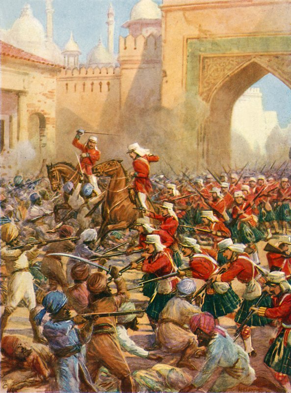Sir Henry Havelock na reliéfu Lucknow (barevné lito) od Howard Davie