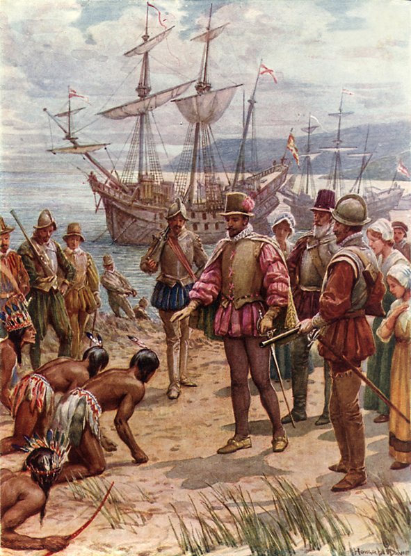Sir Walter Raleigh přistává ve Virginii (barevné lito) od Howard Davie