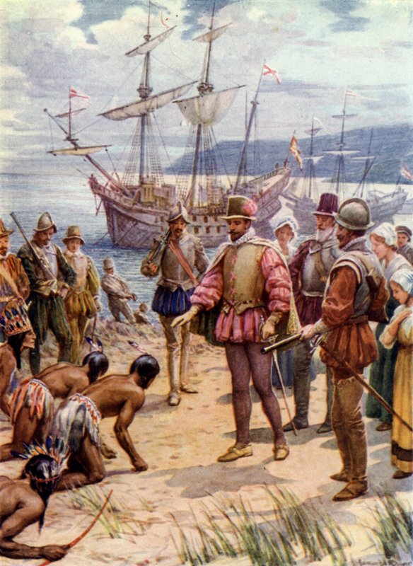 Sir Walter Raleigh, přistání ve Virginii (barevné lito) od Howard Davie