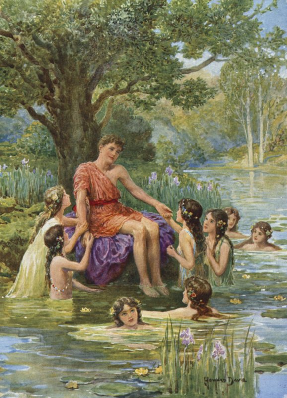 Přišly se na něj podívat vodní nymfy a milovaly ho. Od Jak se Argonauti plavili do Kolchidy (barva lito) od Howard Davie