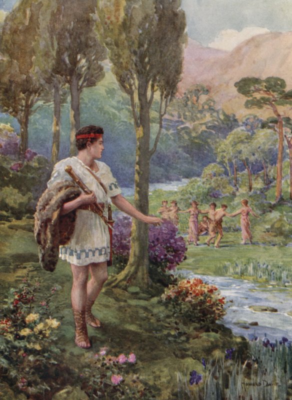 Ve stínu skal a stromů tančily nymfy a pastýři (barva litho) od Howard Davie