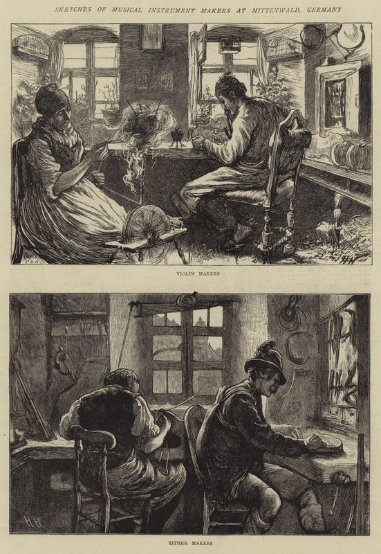 Náčrty výrobců hudebních nástrojů v Mittenwald, Německo od Hubert von Herkomer