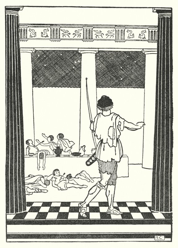 Odysseus zabíjí nápadníky Penelopy (litografie) od Hugh Chesterman