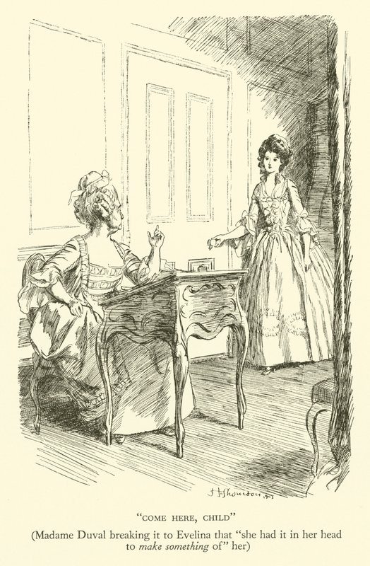 Pojď sem, dítě, madame Duvalová oznamuje Evelině, že "měla v hlavě něco udělat" (rytina) od Hugh Thomson