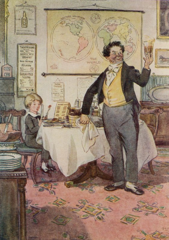 David Copperfield a číšník v Yarmouth (barevné lito) od Hugh Thomson