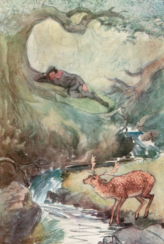 Ilustrace k Shakespearově knize Jak se vám líbí (barevné lito) od Hugh Thomson