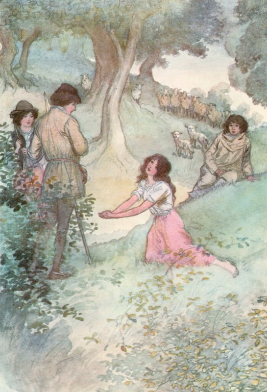 Ilustrace k Shakespearově knize Jak se vám líbí (barevné lito) od Hugh Thomson