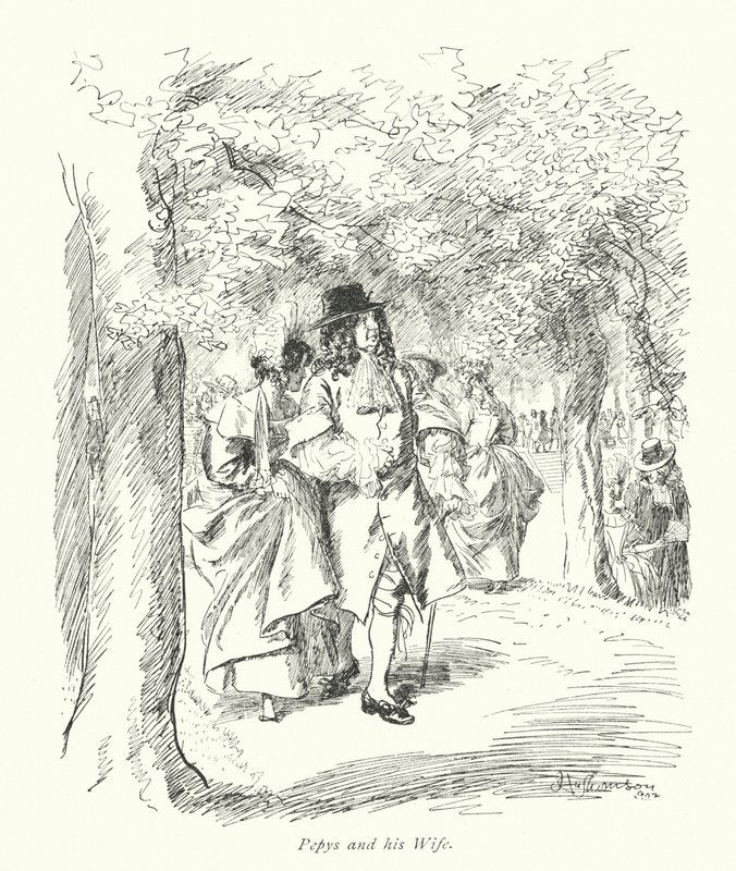 Londýn: Pepys a jeho žena (barevná litografie) od Hugh Thomson