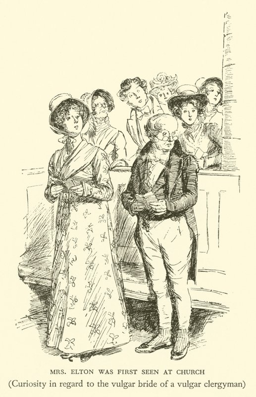 Paní Eltonová byla poprvé spatřena v kostele, zvědavost ohledně vulgární nevěsty vulgárního duchovního (rytina) od Hugh Thomson