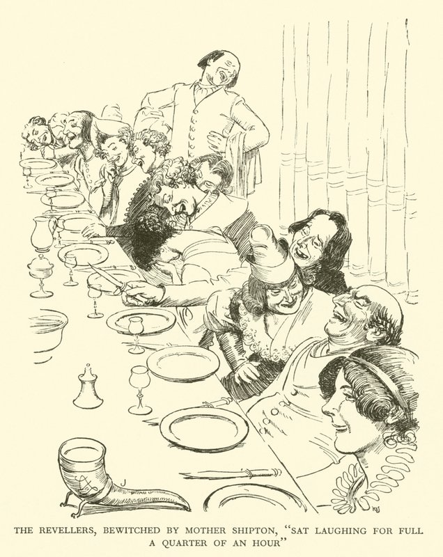 The Revellers, Bewitched by Mother Shipton, „Sat Laughing for Full a čtvrt hodiny“ (rytina) od Hugh Thomson