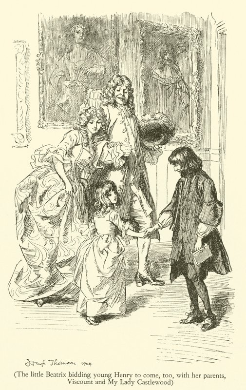 Malá Beatrix nabízela mladému Henrymu, aby přišel také se svými rodiči, vikomtem a My Lady Castlewood (rytina) od Hugh Thomson