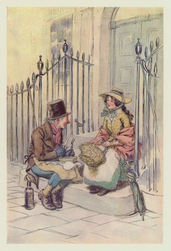 Trotty Veck, se svou dcerou Meg, stolují na schodech (barva litho) od Hugh Thomson