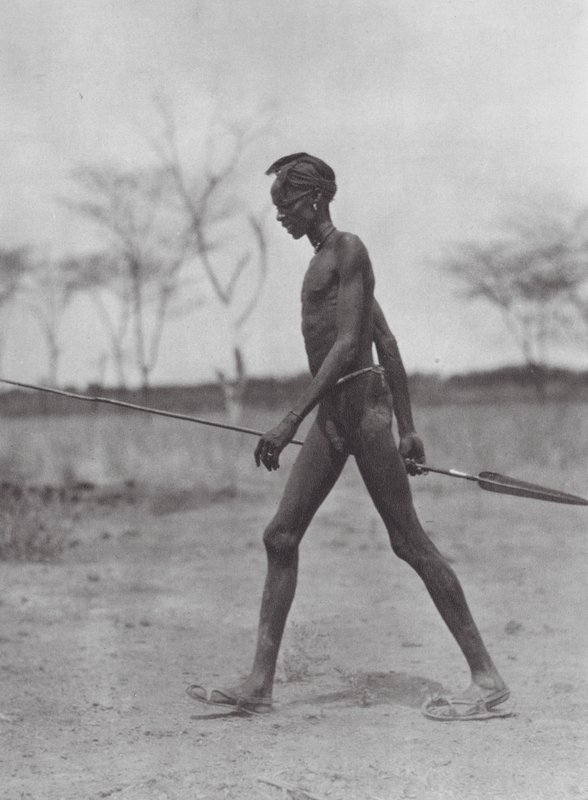 Afrika: Dinkský bojovník s kopím (čb fotografie) od Hugo Adolf Bernatzik