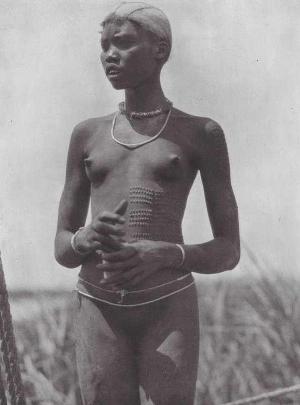 Afrika: Nuerská dívka s ornamentálními jizvami (čb fotografie) od Hugo Adolf Bernatzik