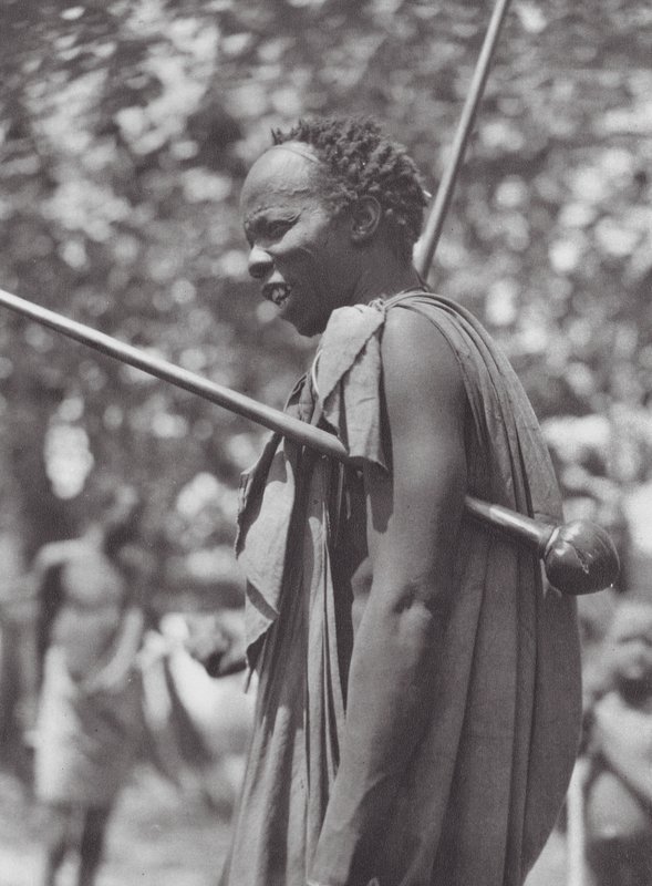 Afrika: Šillucký bojovník s kyjem (čb fotografie) od Hugo Adolf Bernatzik