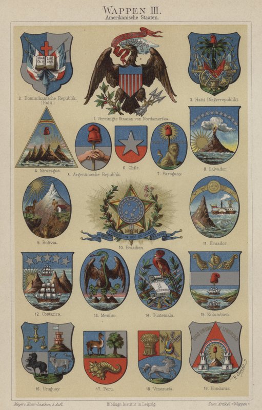 Znaky zemí Ameriky (barva litho) od Hugo Gerard (after) Strohl