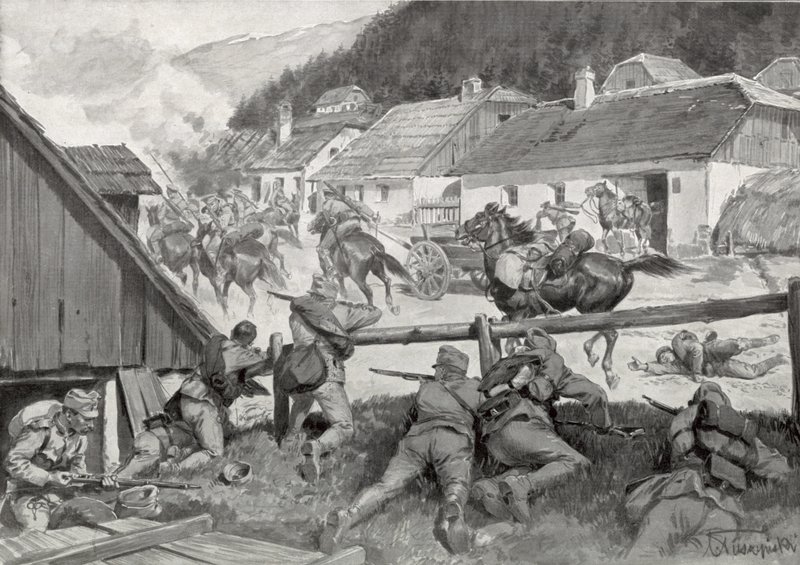 Drancující kozáci jsou překvapeni maďarskými jednotkami v maďarské vesnici od Hungarian School