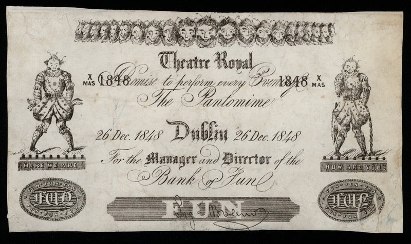 Reklama na pantomimu v Theatre Royal v Dublinu, založená na bankovce Bank of Ireland od Irish School
