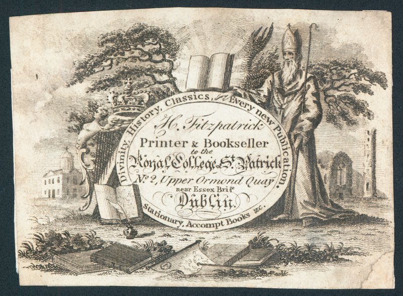 H Fitzpatrick, tiskař a knihkupec na Royal College of Saint Patrick, vizitka od Irish School