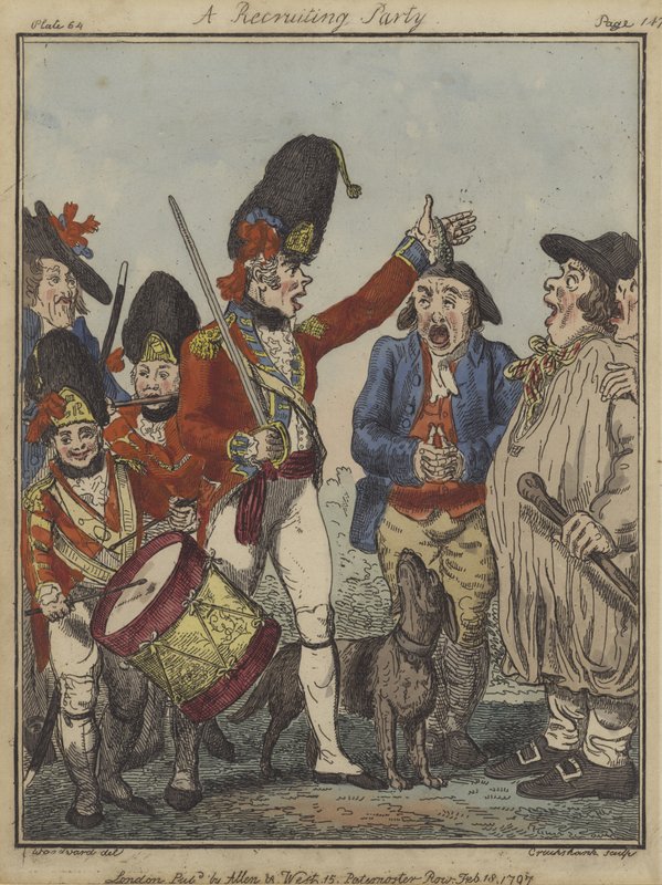 A Recruiting Party, 1797 (barevný lept) od Isaac Robert Cruikshank