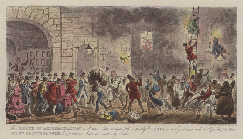"Dům ubytování" ve Flames! (barevné gravírování) od Isaac Robert (after) Cruikshank