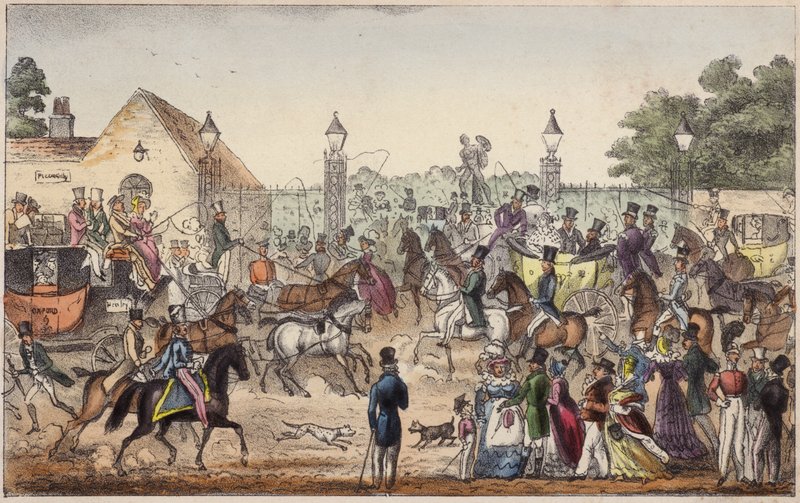 The Arrival nebo Western Entrance to Cockney Land (barevná rytina) od Isaac Robert Cruikshank