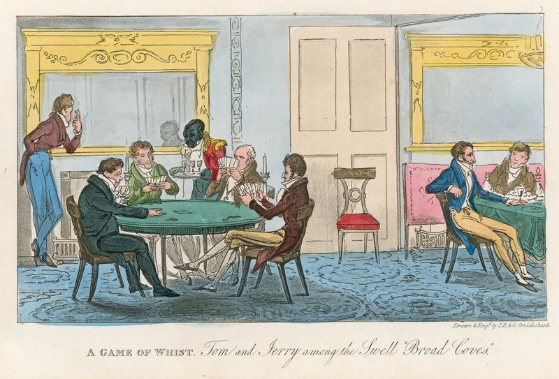 Hra na whist; Tom a Jerry mezi rozbouřenými širokými zátokami od Isaac, Robert and George Cruikshank