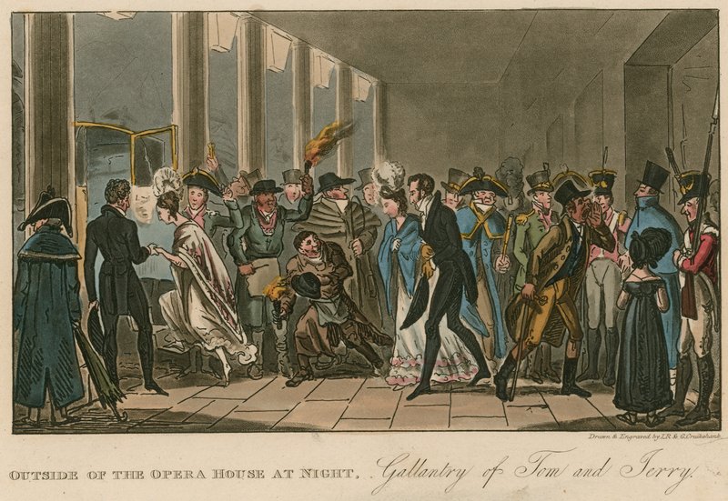 Před budovou opery; galantnost Toma a Jerryho od Isaac, Robert and George Cruikshank
