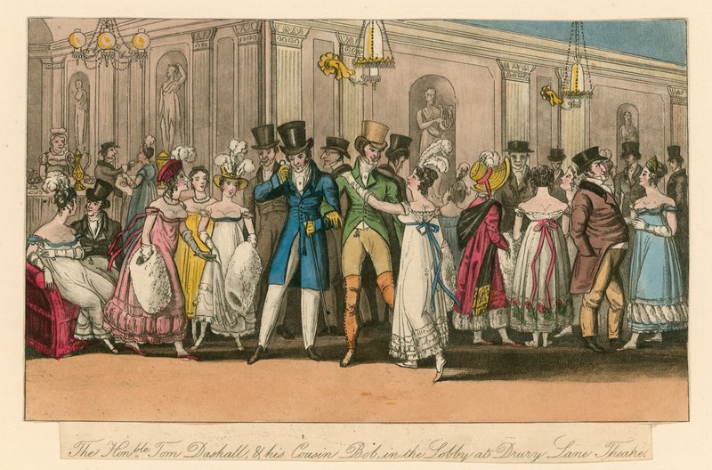 Ctihodný Tom Dashall a jeho bratranec Bob ve vstupní hale divadla Drury Lane v Londýně od Isaac, Robert and George Cruikshank