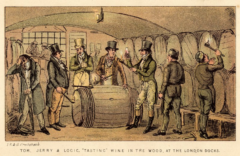 Tom, Jerry a Logic, ochutnávají víno v lese v londýnských docích od Isaac, Robert and George Cruikshank