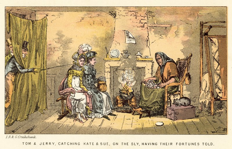 Tom a Jerry, kteří chytli Kate a Sue, na lstivě a nechali si prozradit jejich osudy od Isaac, Robert and George Cruikshank