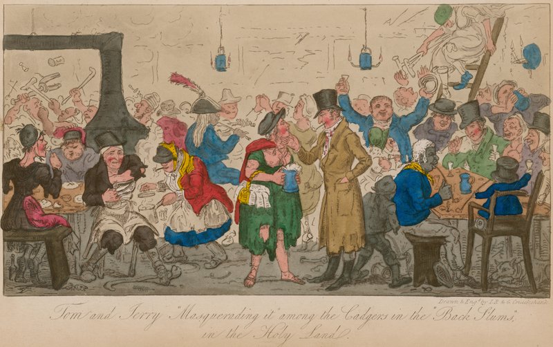 Tom a Jerry to maskují mezi cadgery v „Back Slums“ ve Svaté zemi od Isaac, Robert and George Cruikshank