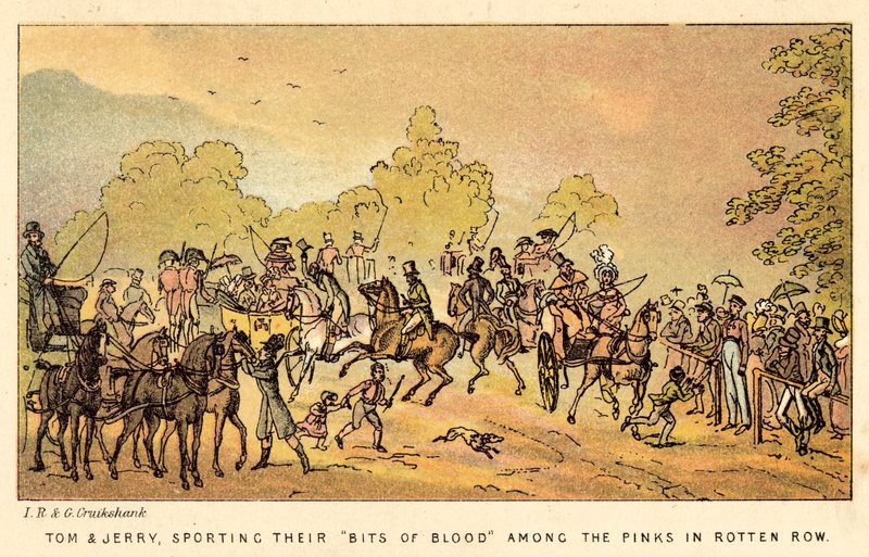 Tom a Jerry, sportovní Bits of Blood mezi růžovými v Rotten Row od Isaac, Robert and George Cruikshank