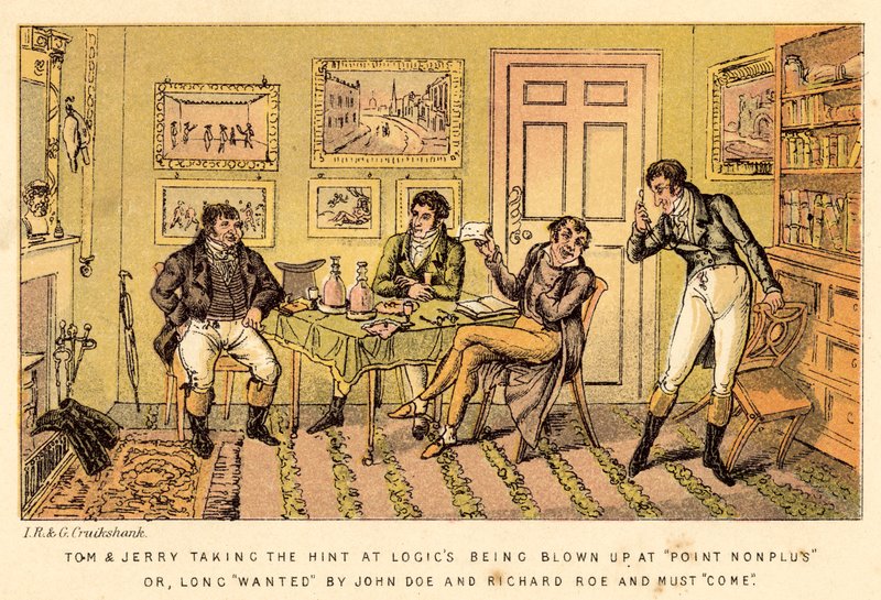 Tom a Jerry naráží na to, že Logika byla vyhozena do povětří v Point Nonplus nebo, jak dlouho hledal John? od Isaac, Robert and George Cruikshank