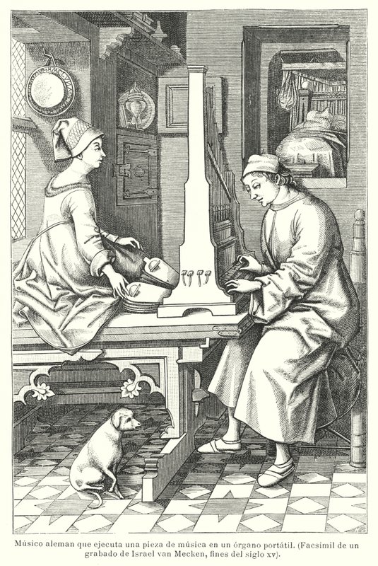 Německý hudebník hrající na přenosné varhany, konec 15. století (litho) od Israel van (after) Mecken